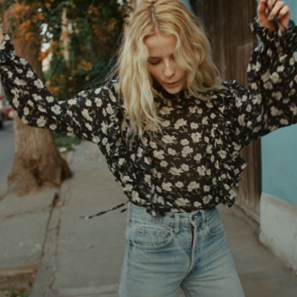 DOÊN Luca Anemone Floral Ruffle Tie Blouse